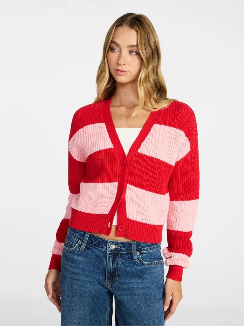 No Boundaries Women's Red and Pink Striped VNeck Button Cropped Cardigan Sweater